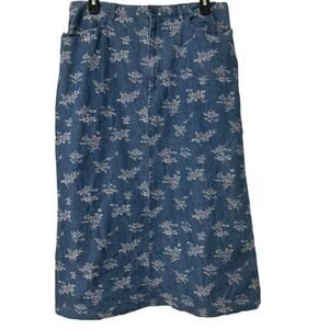 Vintage 90’s Crazy Horse Liz Claiborne Demin Floral Embroidered Midi Skirt 14P